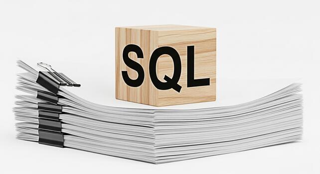 Wooden block displaying SQL sitting atop a stack of papers with binder clips in a bright studio setting representing database management data analysis and the importance of structured query language photo