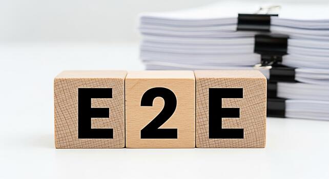 Wooden blocks displaying E2E on a white surface symbolizing endtoend processes in business with a stack of documents in the background conveying efficiency and streamlined workflow in a clean office e photo