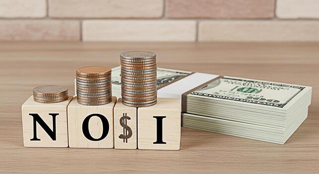 Stacks of coins and dollar bills displayed with wooden blocks spelling NOI Net Operating Income on a wooden surface representing financial growth and investment strategy in a business setting photo