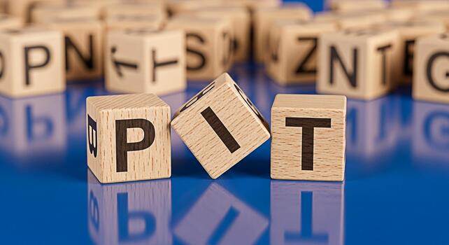 Wooden blocks spelling out PIT on a reflective blue surface with blurred background representing challenges and obstacles in business and personal life conveying a sense of adversity and problemsolvin photo