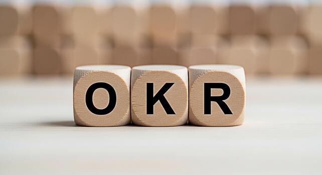Wooden blocks displaying OKR acronym on a bright surface symbolizing Objectives and Key Results a strategic framework for goal setting and performance management in business and organizational success photo