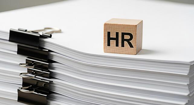 Wooden HR block resting on a large stack of paperwork with binder clips in a bright office symbolizing human resources management and the importance of documentation and compliance in a professional e photo