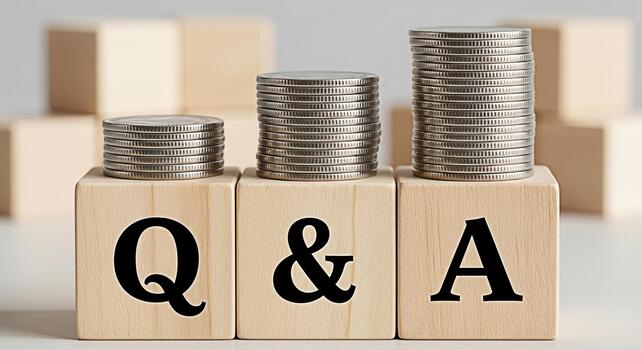 Stacks of coins sitting atop wooden blocks spelling out QA in a welllit studio environment representing financial questions and answers investment growth and wealth accumulation photo