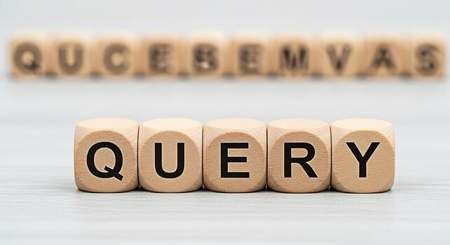 Wooden blocks spelling QUERY on a light gray surface representing a search or inquiry in a clean and minimalist setting conveying a sense of investigation and information retrieval photo