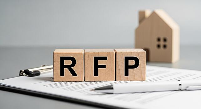 Wooden blocks spelling RFP on a document with a pen and a house model in a neutral setting representing a request for proposal in real estate and property investment with a sense of opportunity photo