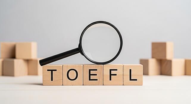 Magnifying glass focusing on TOEFL wooden blocks in a bright studio setting symbolizing the importance of exam preparation and academic success with a clear and focused perspective photo