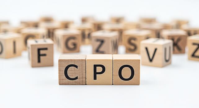 Wooden blocks spelling CPO on a white surface surrounded by other lettered blocks representing cost per order a key performance indicator in marketing conveying a sense of business strategy and analys photo