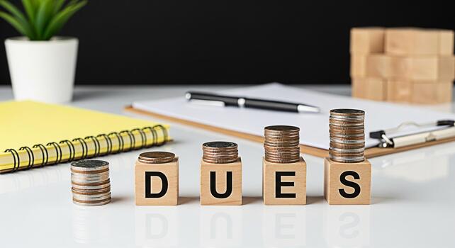 Stacks of coins increasing on wooden blocks spelling DUES on a white desk with a yellow notebook and pen representing financial obligations and the importance of timely payments in a business setting photo