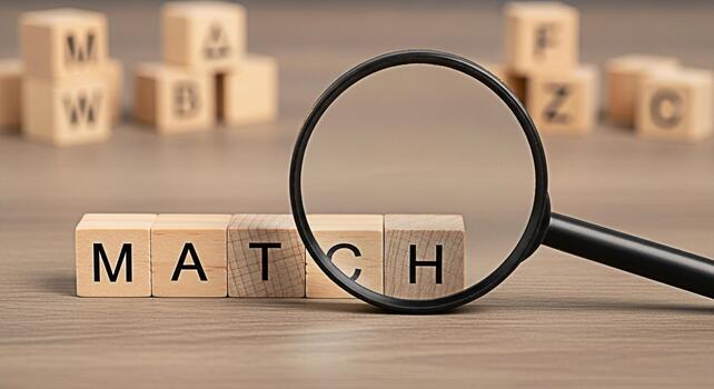 Magnifying glass focusing on wooden blocks spelling MATCH on a wooden surface representing finding the right fit and the concept of searching for solutions in a business or personal context photo