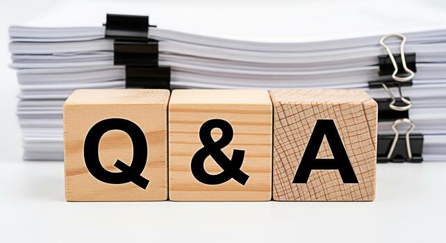 Wooden blocks displaying Q A on a white surface with a stack of papers and binder clips representing information support and knowledge sharing in a clean organized environment photo