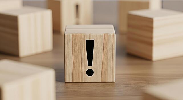 Prominent wooden block displaying an exclamation mark on a wooden surface surrounded by other blocks symbolizing attention warning or important information in a minimalist and conceptual setting photo