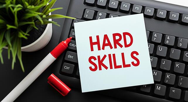 Hard skills concept Note with the words Hard Skills resting on a black computer keyboard with a red marker and a small green plant symbolizing the importance of technical abilities in a modern workpla photo