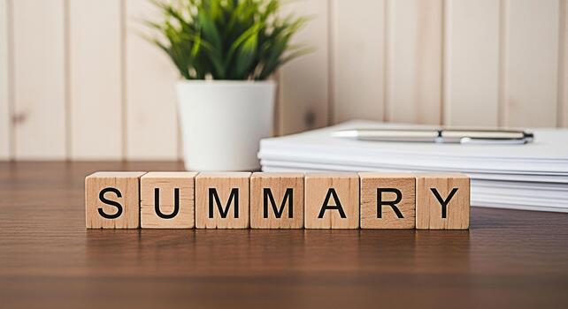 Wooden blocks spelling SUMMARY on a wooden desk with a plant and a stack of papers conveying a sense of organization efficiency and the importance of concise information in a professional setting photo
