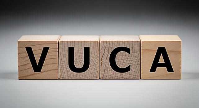 Wooden blocks spelling VUCA on a neutral surface representing Volatility Uncertainty Complexity and Ambiguity in business strategy and risk management in a modern and challenging environment photo
