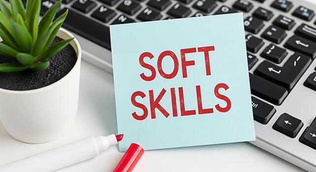 Closeup of a sticky note displaying Soft Skills in red letters placed on a modern keyboard in a bright office setting emphasizing the importance of interpersonal skills in the workplace photo
