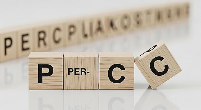 Wooden blocks spelling PERC falling on a white surface symbolizing the potential disruption or change in perception reflecting a concept of instability and the need for adaptation in a clean environme photo