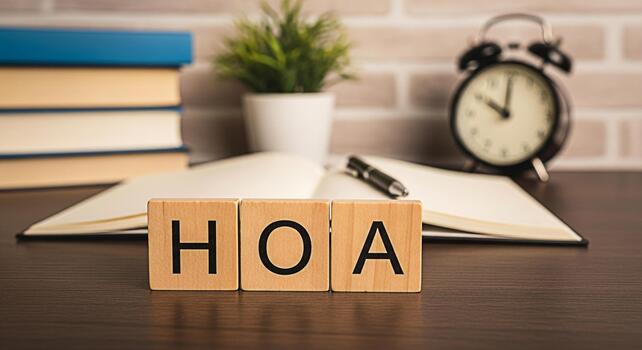 Wooden blocks spelling HOA on a desk with an open notebook and pen symbolizing homeowners association matters in a home office setting creating a sense of organization and community governance photo