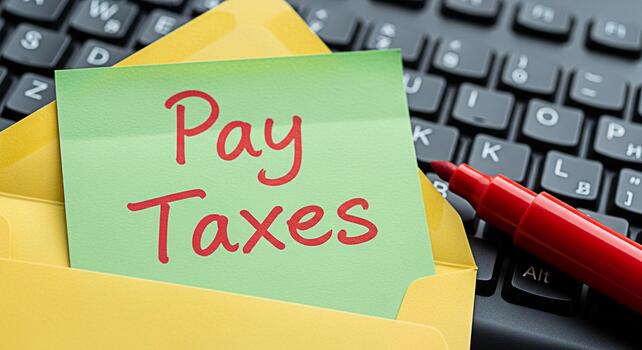 Reminder note to pay taxes sitting on a computer keyboard with a red marker symbolizing financial responsibility and the importance of timely tax payments in a modern digital environment photo