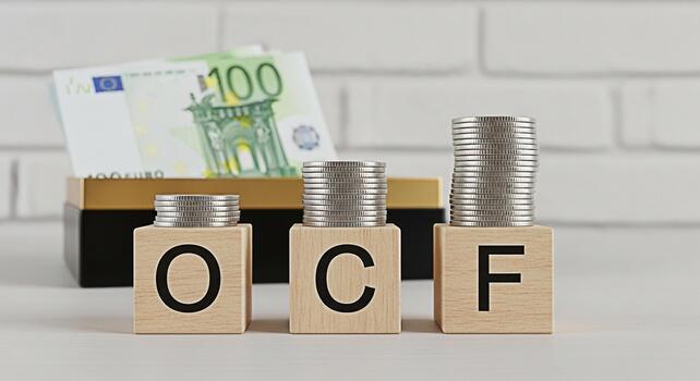 Stacks of coins resting on wooden blocks spelling OCF in a bright studio setting representing Operating Cash Flow and financial success with Euro banknotes in the background conveying a sense of growt photo