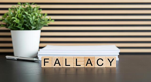 Wooden blocks spelling Fallacy on a dark desk in a modern office setting symbolizing logical errors and critical thinking promoting awareness and intellectual honesty in communication and decisionmaki photo
