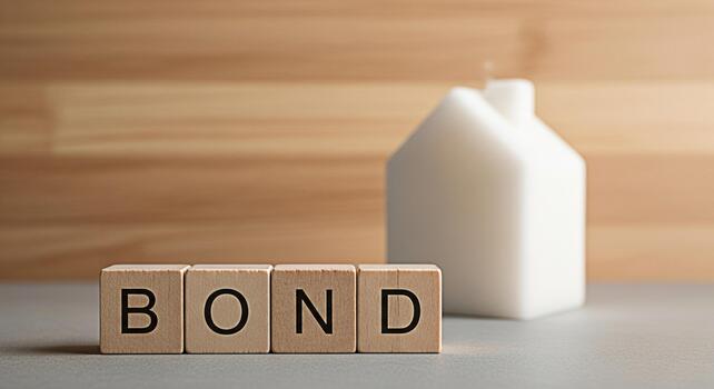 Wooden blocks spelling BOND sit beside a houseshaped object on a table symbolizing financial security and investment in a home creating a sense of stability and future planning in a bright minimalist photo