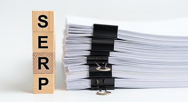 Wooden blocks spelling SERP beside a stack of documents on a white surface representing search engine optimization and the importance of online visibility for business success in a competitive digital photo