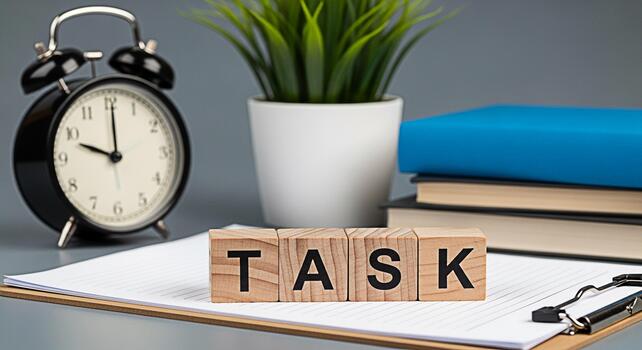 Wooden blocks spelling TASK on a clipboard in a bright office setting symbolizing productivity time management and focus on achieving goals with a sense of urgency and efficiency photo