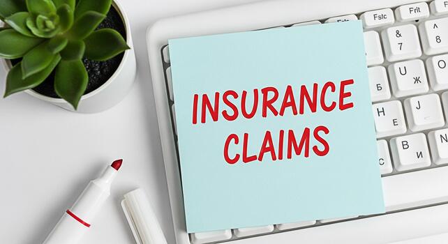 Closeup of a note with Insurance Claims written on it placed on a white computer keyboard in a bright office setting representing financial security and the process of filing for coverage photo