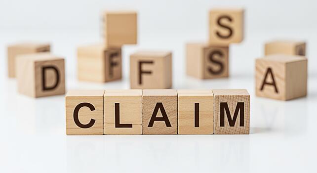 Wooden blocks spelling CLAIM on a white surface surrounded by other blocks with letters representing the concept of insurance claims and financial security in a clean minimalist setting photo