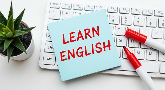 un vibrante pegajoso Nota con aprender Inglés escrito en rojo descansando en un moderno teclado con rojo marcadores y un en conserva suculento inspirador idioma adquisición y educativo éxito en un brillante limpiar wo foto