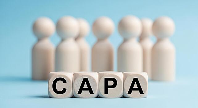 Wooden figures standing behind CAPA acronym blocks on a light blue surface representing corrective and preventive actions for quality control and continuous improvement in a business environment photo