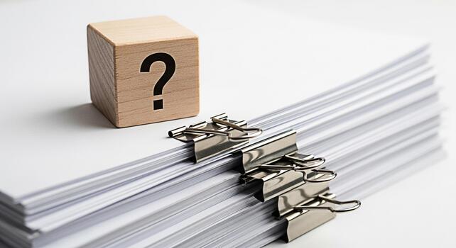 Wooden cube with a question mark sitting next to a stack of papers held together by binder clips on a white surface representing uncertainty and the need for answers in business and education photo