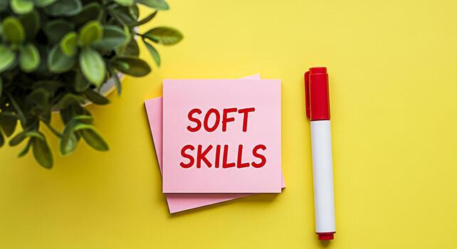 Pink sticky notes displaying Soft Skills on a bright yellow background next to a red marker and a green plant conveying a message of professional development and essential workplace capabilities photo