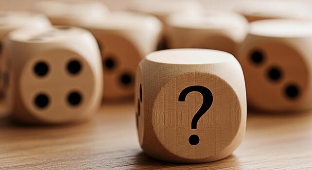 Wooden dice with a question mark standing out on a wooden surface representing uncertainty and decisionmaking in a game of chance creating a feeling of suspense and anticipation photo