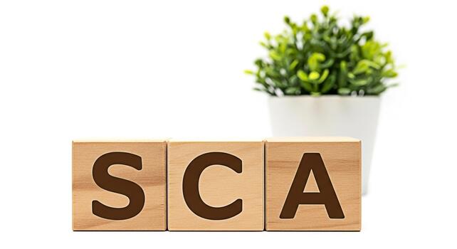 Wooden blocks displaying SCA on a white surface with a potted plant in the background representing a business concept for Strong Customer Authentication and secure online transactions conveying trust photo