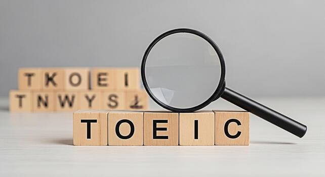 Magnifying glass focusing on wooden blocks spelling out TOEIC on a bright table symbolizing test preparation and examination success in a learning environment conveying a feeling of focus and precisio photo