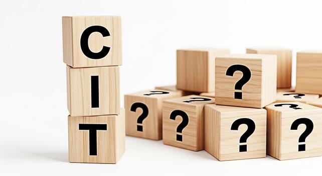 Wooden blocks spelling CIT stand tall amidst a sea of question mark blocks on a clean white surface symbolizing challenges and the need for critical thinking and innovative solutions in business and e photo
