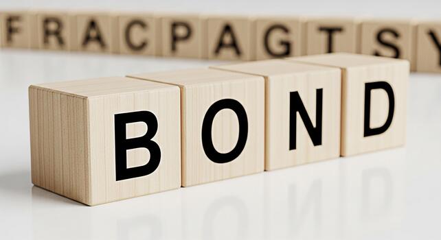 Wooden blocks spelling out BOND on a white surface symbolizing financial security and stability with a focus on investment and assurance in a clean minimalist setting photo