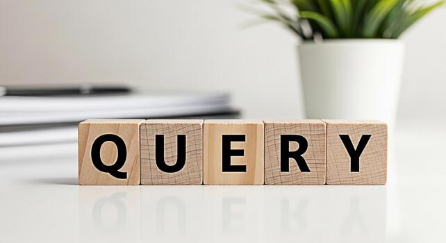 Wooden blocks spelling QUERY on a white desk in a bright office environment symbolizing information retrieval and search engine optimization for business growth and data analysis photo