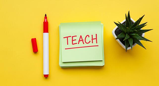 Bright yellow background featuring a stack of green sticky notes with the word TEACH written in red marker alongside a red and white marker and a potted succulent creating a vibrant and educational at photo