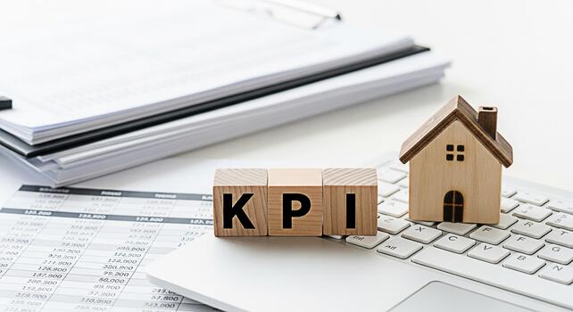Wooden KPI blocks and a miniature house model resting on a laptop keyboard in a bright office setting symbolizing real estate key performance indicators and financial planning for homeownership succes photo