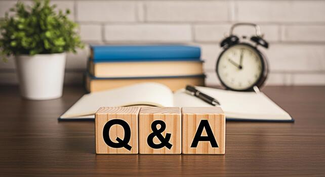 Wooden blocks displaying Q A on a desk with books a plant and an alarm clock representing knowledge learning and the importance of questions and answers in education and problemsolving photo
