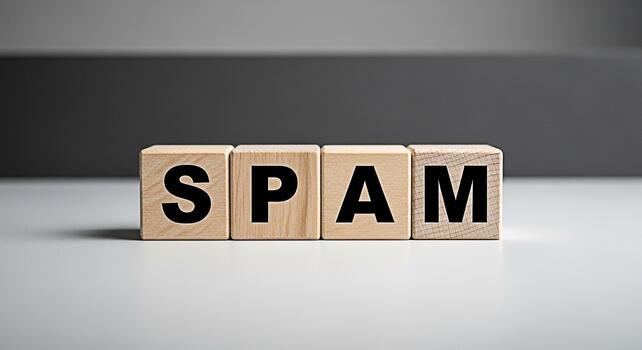 Wooden blocks spelling SPAM on a white surface representing unsolicited digital communication in a modern minimalist setting highlighting the concept of online security and unwanted content photo