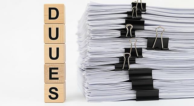 Stack of overdue invoices and documents secured with binder clips next to wooden blocks spelling DUES on a white background representing financial obligations and deadlines with a sense of urgency photo