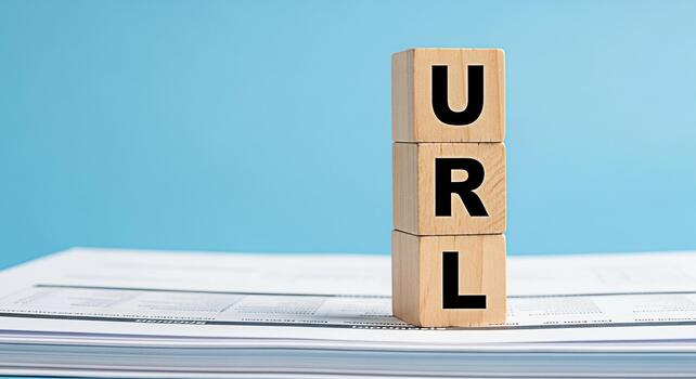 Wooden blocks displaying URL on a stack of documents against a blue background representing internet address website link and online presence for business and digital marketing success photo