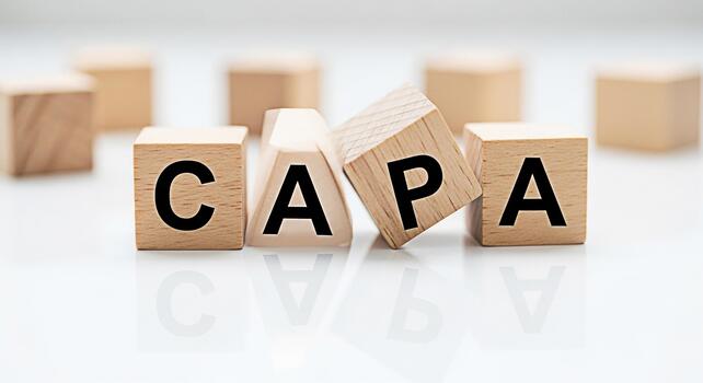 Wooden blocks spelling CAPA on a white surface representing corrective and preventive actions in a business setting conveying a sense of structured problemsolving and continuous improvement photo