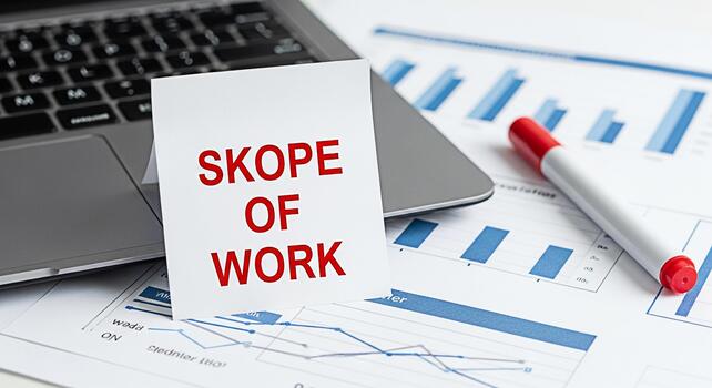 Closeup of a Scope of Work note on a laptop with business charts and a marker conveying project planning and strategy in a modern office environment emphasizing organization and attention to detail photo