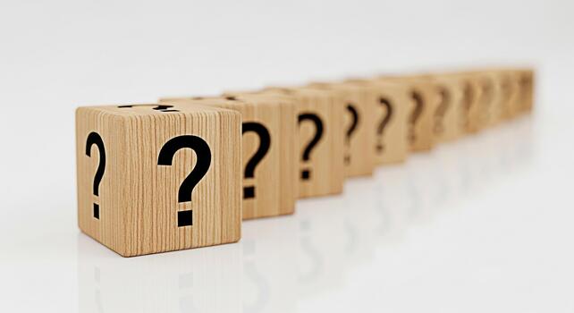 Row of wooden blocks displaying question marks on a white reflective surface symbolizing uncertainty and the search for answers in a clean minimalist setting evoking curiosity and problemsolving photo