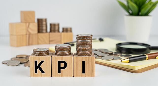 Wooden blocks displaying KPI with stacked coins on a white desk symbolizing key performance indicators and financial growth in a business setting conveying a sense of achievement and strategic plannin photo