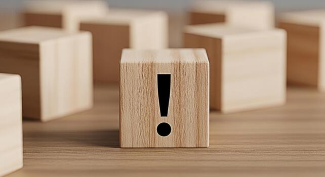Wooden block displaying an exclamation point on a wooden surface symbolizing a critical warning and demanding attention in a minimalist and conceptual setting conveying urgency and importance photo
